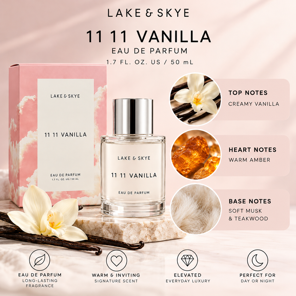 Lake & Skye 11 11 Vanilla Eau de Parfum 50ml perfume bottle with pink packaging and an infographic highlighting vanilla, amber, musk, and teakwood fragrance notes.