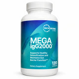 Microbiome Labs Mega IgG2000 120 Capsules serum-derived immunoglobulin dietary supplement for gut barrier support, white bottle with blue and teal label, front view.