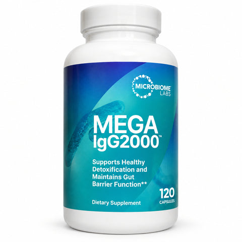 Microbiome Labs Mega IgG2000 120 Capsules serum-derived immunoglobulin dietary supplement for gut barrier support, white bottle with blue and teal label, front view.
