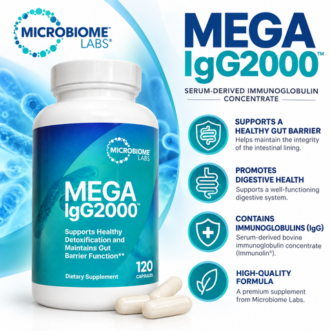 Microbiome Labs Mega IgG2000 120 Capsules infographic highlighting serum-derived bovine immunoglobulins, digestive health, gut barrier support, and Immunolin concentrate.