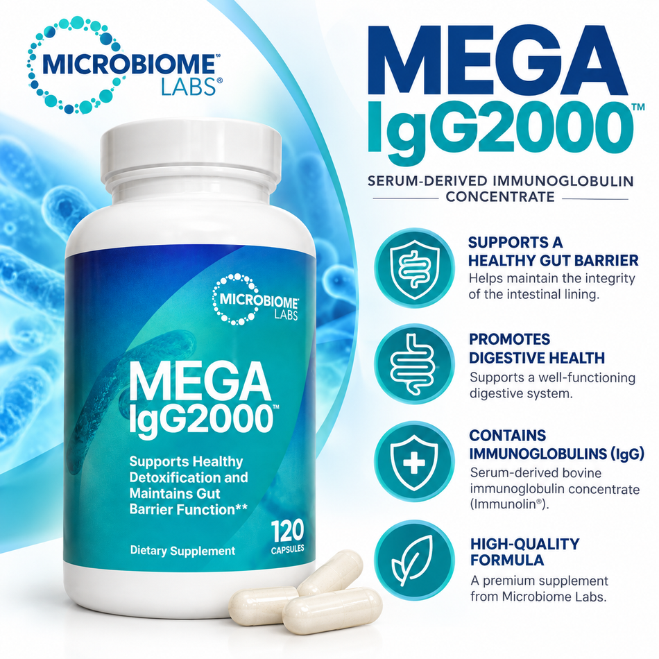 Microbiome Labs Mega IgG2000 120 Capsules infographic highlighting serum-derived bovine immunoglobulins, digestive health, gut barrier support, and Immunolin concentrate.