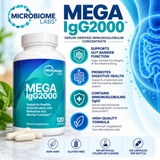 Microbiome Labs Mega IgG2000 120 Capsules infographic featuring serum-derived bovine immunoglobulins, digestive health support, gut barrier function, and Immunolin concentrate.