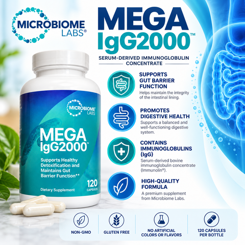Microbiome Labs Mega IgG2000 120 Capsules infographic featuring serum-derived bovine immunoglobulins, digestive health support, gut barrier function, and Immunolin concentrate.