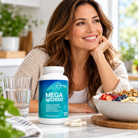 Microbiome Labs Mega IgG2000 120 Capsules serum-derived immunoglobulin supplement displayed in a bright kitchen with a woman, glass of water, and healthy breakfast.