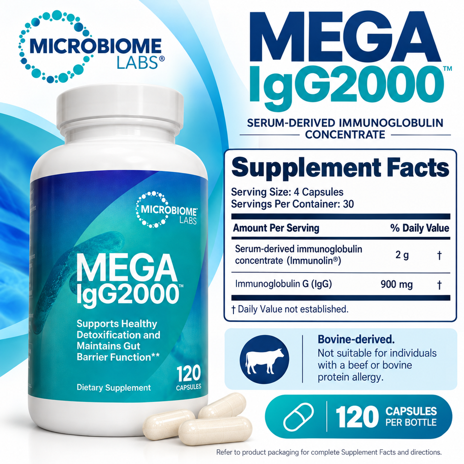 Microbiome Labs Mega IgG2000 120 Capsules supplement facts infographic showing 2 g Immunolin serum-derived immunoglobulin concentrate and 900 mg IgG per four-capsule serving.