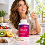 Microbiome Labs MegaPre Precision Prebiotic 180 Capsules displayed on a kitchen countertop alongside fresh fruit, with a woman holding a glass of water as part of her daily wellness routine.