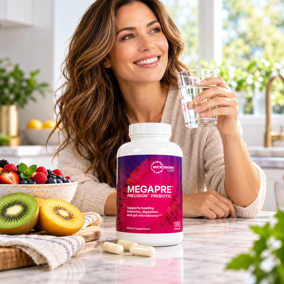 Microbiome Labs MegaPre Precision Prebiotic 180 Capsules displayed on a kitchen countertop alongside fresh fruit, with a woman holding a glass of water as part of her daily wellness routine.