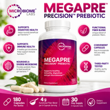 Microbiome Labs MegaPre Precision Prebiotic 180 Capsules product features infographic highlighting digestive health, immune support, microbiome nourishment, and functional prebiotic fibers.