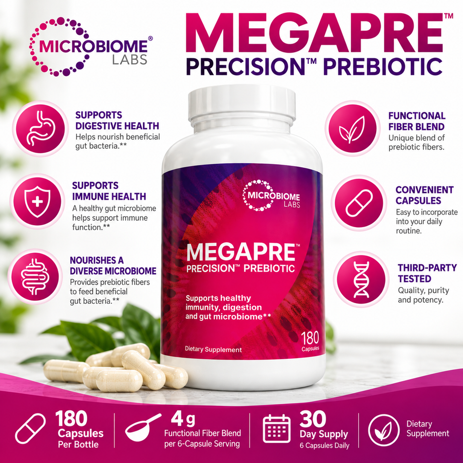 Microbiome Labs MegaPre Precision Prebiotic 180 Capsules product features infographic highlighting digestive health, immune support, microbiome nourishment, and functional prebiotic fibers.
