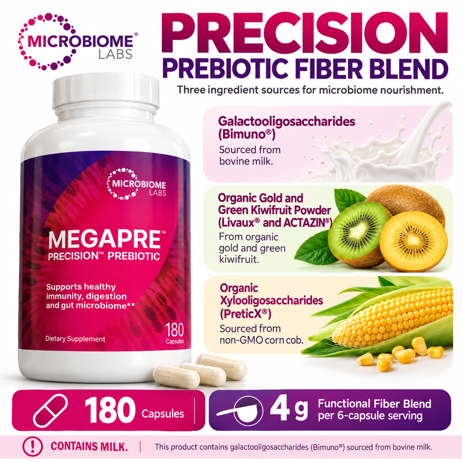 Microbiome Labs MegaPre Precision Prebiotic 180 Capsules featuring galactooligosaccharides (Bimuno), organic gold and green kiwifruit powder, and xylooligosaccharides (PreticX).