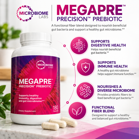 Microbiome Labs MegaPre Precision Prebiotic 180 Capsules infographic highlighting digestive health, immune support, beneficial gut bacteria, and functional prebiotic fibers.
