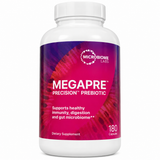 Microbiome Labs MegaPre Precision Prebiotic dietary supplement, 180 capsules, in original magenta and purple bottle packaging on a clean white background.