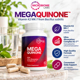 Microbiome Labs MegaQuinone Vitamin K2 MK-7 dietary supplement, 60 capsules, displayed with water and capsules alongside formula feature highlights.