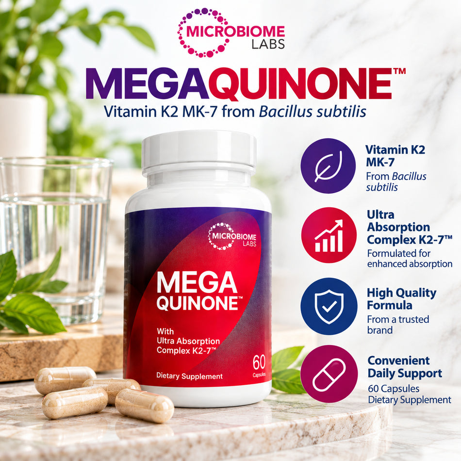 Microbiome Labs MegaQuinone Vitamin K2 MK-7 dietary supplement, 60 capsules, displayed with water and capsules alongside formula feature highlights.