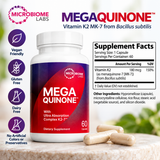 Microbiome Labs MegaQuinone Vitamin K2 MK-7 supplement featuring a 60-capsule bottle, Ultra Absorption Complex K2-7, and product formula information.