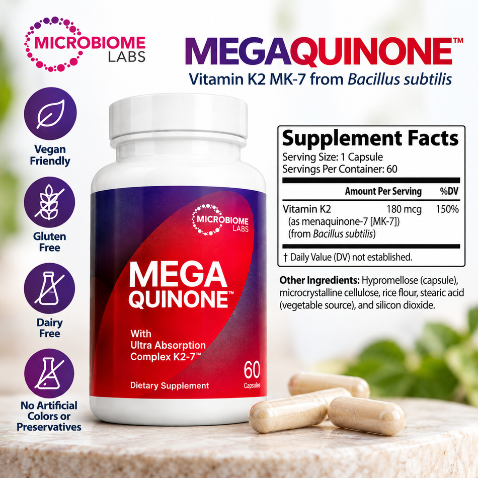 Microbiome Labs MegaQuinone Vitamin K2 MK-7 supplement featuring a 60-capsule bottle, Ultra Absorption Complex K2-7, and product formula information.
