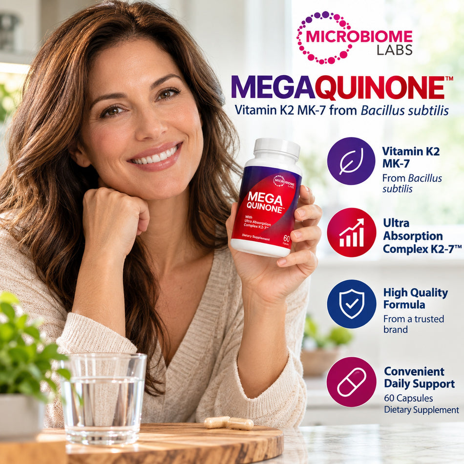 Woman holding Microbiome Labs MegaQuinone Vitamin K2 MK-7 60 capsules supplement bottle in a bright home setting with a glass of water and product feature highlights.