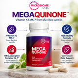Microbiome Labs MegaQuinone Vitamin K2 MK-7 60 capsules infographic showing Bacillus subtilis-derived vitamin K2, Ultra Absorption Complex K2-7, and supplement features.