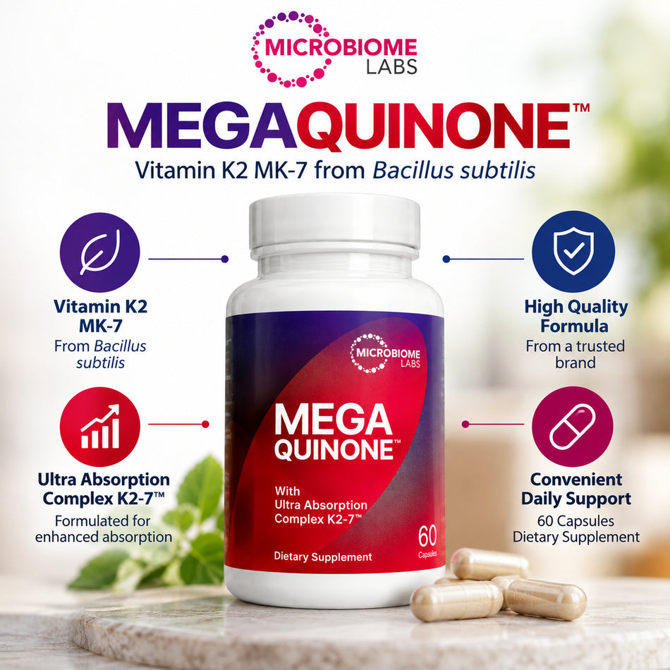 Microbiome Labs MegaQuinone Vitamin K2 MK-7 60 capsules infographic showing Bacillus subtilis-derived vitamin K2, Ultra Absorption Complex K2-7, and supplement features.