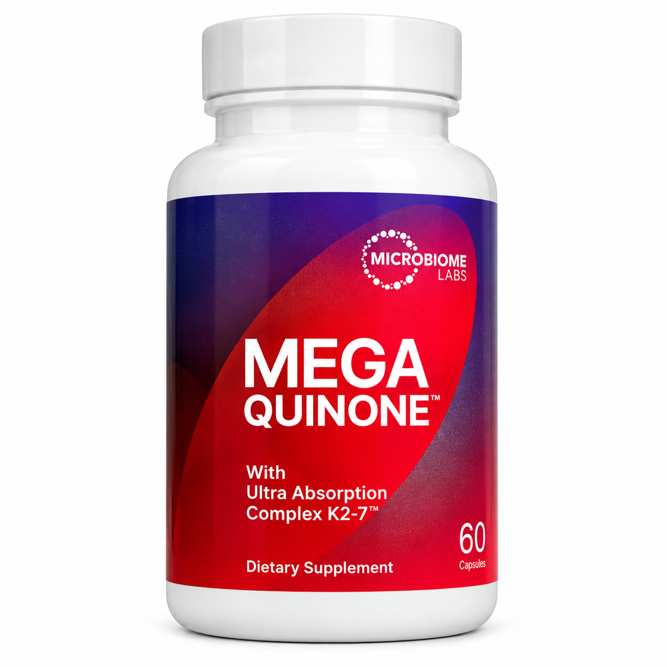 Microbiome Labs MegaQuinone Vitamin K2 MK-7 dietary supplement, 60 capsules, white bottle with red and purple label, front product view.