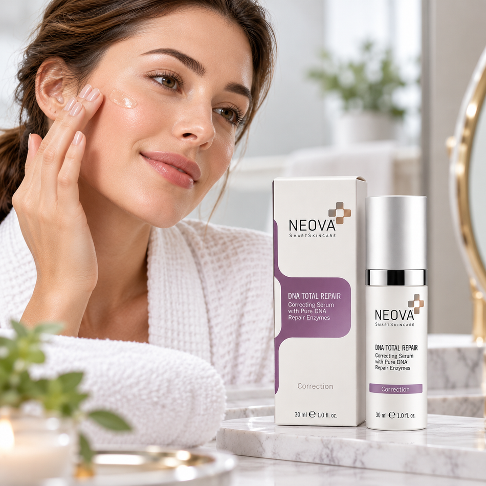 Neova DNA Total Repair Daily Serum 30ml application guide showing how to apply facial serum to clean skin, gently smooth over the face and neck, and follow with moisturizer and daytime sunscreen.
