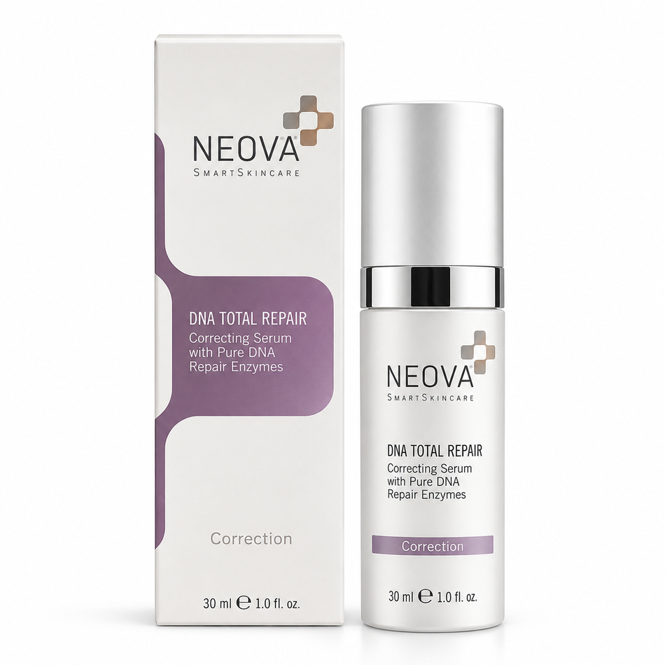 Neova DNA Total Repair Daily Serum 30ml correcting facial serum with pure DNA repair enzymes, featuring the skincare bottle and original product packaging on a white background.
