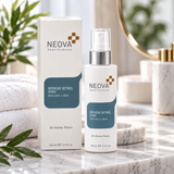 NEOVA Intensive Retinol Spray 100ml with AHA and BHA, skincare benefits infographic highlighting exfoliation, smoother-looking skin texture, brighter complexion, and clearer-looking pores.