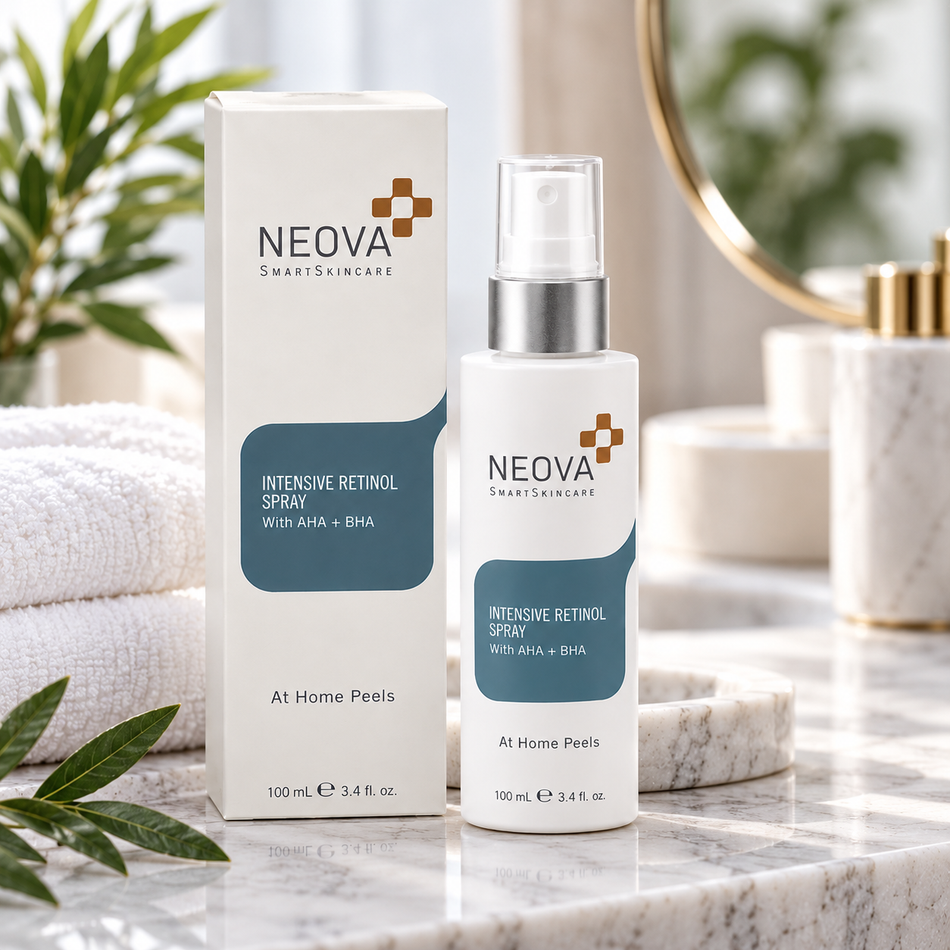 NEOVA Intensive Retinol Spray 100ml with AHA and BHA, skincare benefits infographic highlighting exfoliation, smoother-looking skin texture, brighter complexion, and clearer-looking pores.