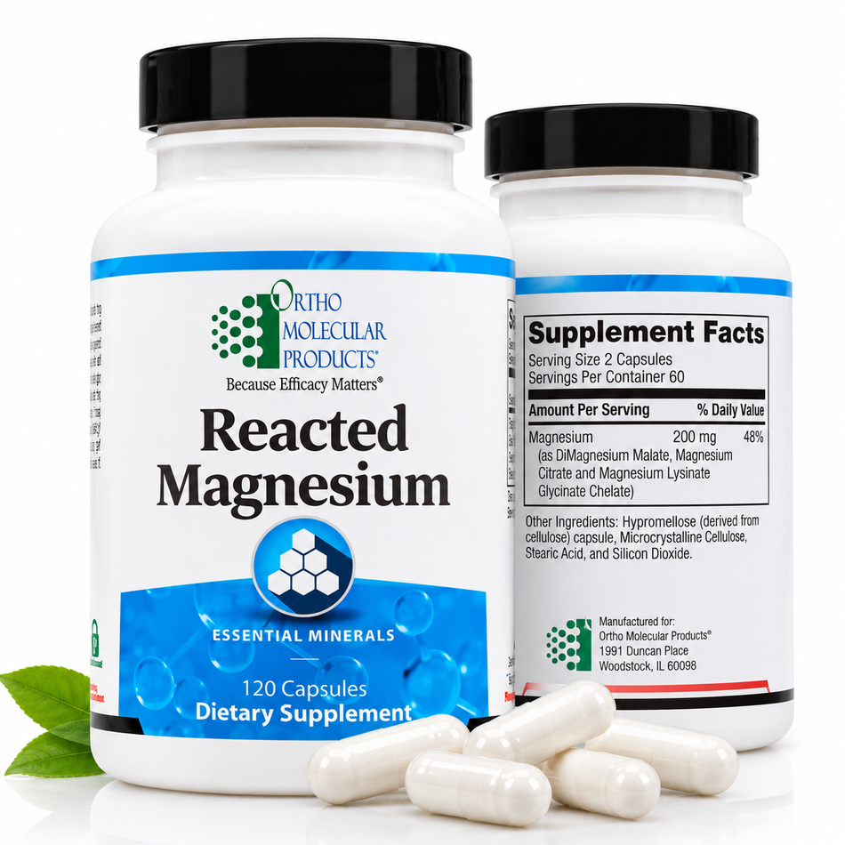 Ortho Molecular Reacted Magnesium 120 Capsules dietary supplement showing front bottle packaging, Supplement Facts panel, and white capsules.