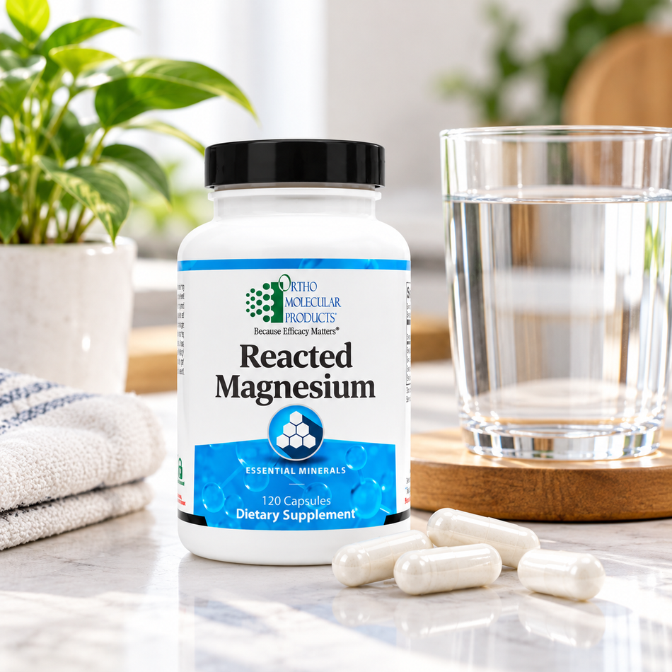 Ortho Molecular Products Reacted Magnesium 120 Capsules dietary supplement bottle displayed beside a glass of water, white capsules, and green plants in a bright wellness setting.