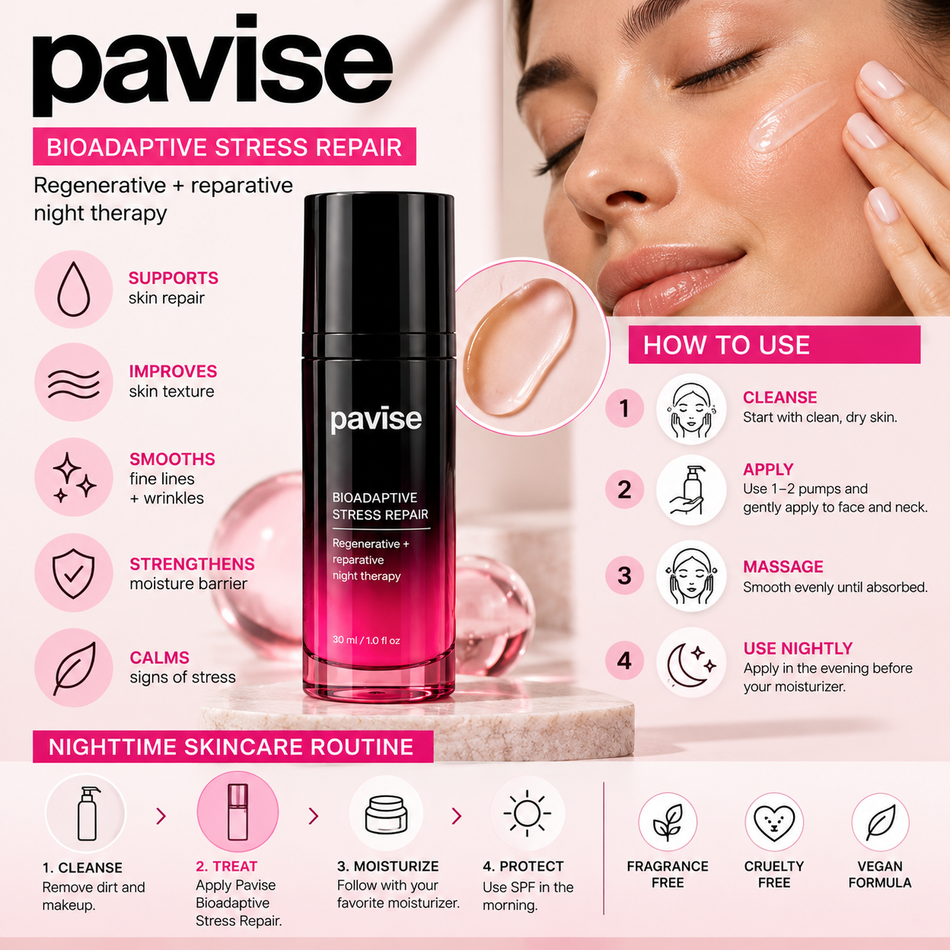 Pavise Bioadaptive Stress Repair 30ml nighttime facial treatment bottle displayed beside its black and pink packaging in a premium skincare studio setting.