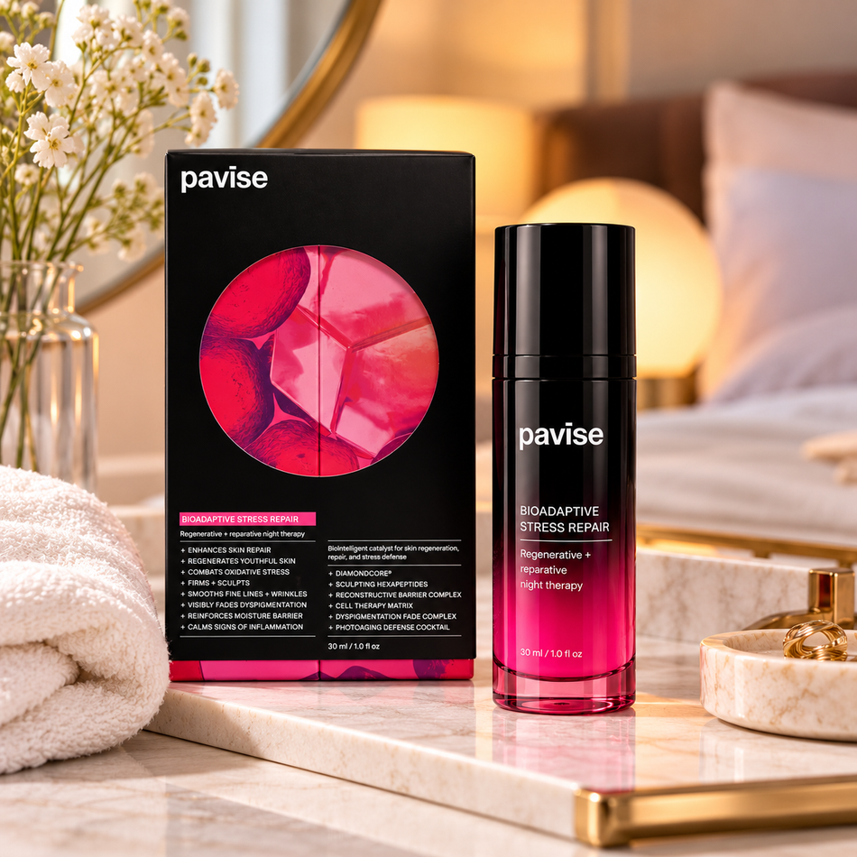 Pavise Bioadaptive Stress Repair 30ml nighttime skincare treatment infographic highlighting DiamondCore, niacinamide, peptides, astaxanthin, ceramides, and squalane for skin hydration, texture, and moisture barrier support.