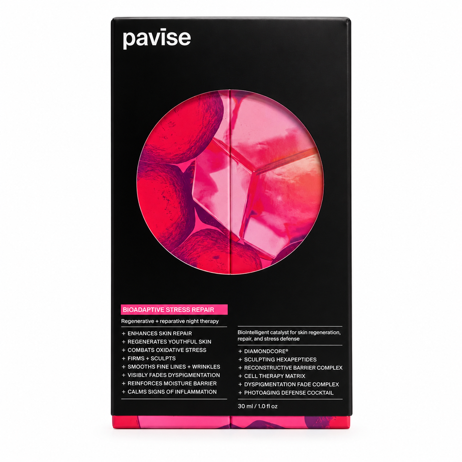 Pavise Bioadaptive Stress Repair 30ml nighttime facial treatment in original black and pink packaging, displayed against a clean white background.