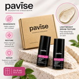 Pavise Bioadaptive Stress Repair Mini 2 x 5ml skincare set featuring two black mini bottles, kraft packaging, serum texture, and regenerate, restore, and repair benefits.