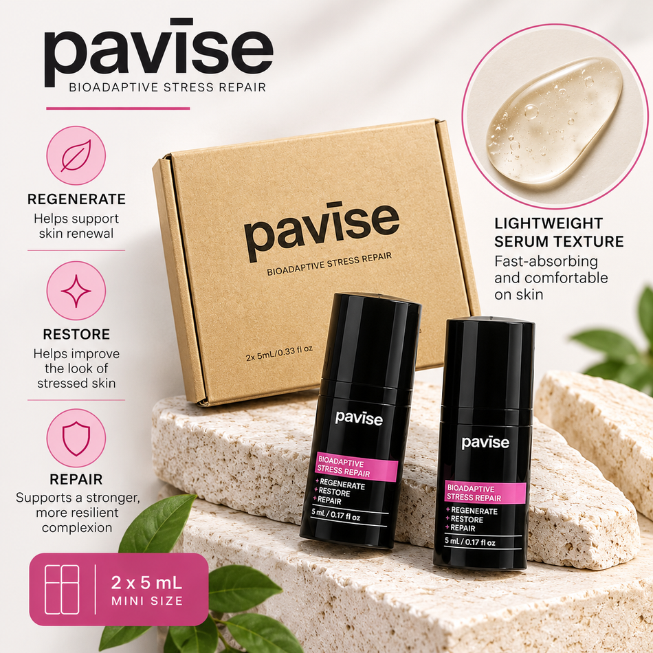 Pavise Bioadaptive Stress Repair Mini 2 x 5ml skincare set featuring two black mini bottles, kraft packaging, serum texture, and regenerate, restore, and repair benefits.
