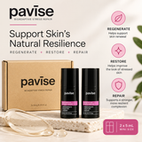 Pavise Bioadaptive Stress Repair Mini 2 x 5ml skincare set with two black bottles and kraft packaging, featuring regenerate, restore, and repair skincare benefits.