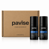 Pavise Dynamic Age Defense Mini 2 x 5ml SPF 30 mineral sunscreen and moisturizer set featuring two black travel-size bottles beside branded kraft packaging on a white background.