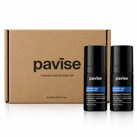 Pavise Dynamic Age Defense Mini 2 x 5ml SPF 30 mineral sunscreen and moisturizer set featuring two black travel-size bottles beside branded kraft packaging on a white background.