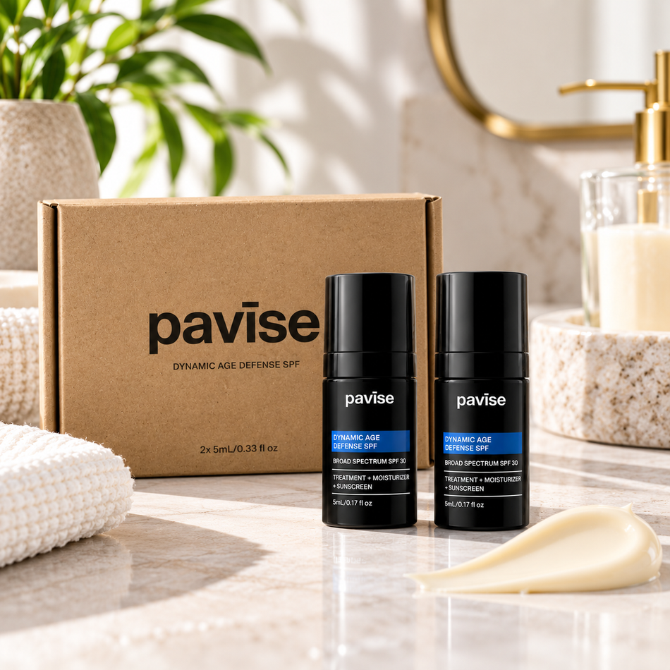 Pavise Dynamic Age Defense Mini 2 x 5ml SPF 30 mineral sunscreen and moisturizer set with two travel-size bottles and kraft packaging on a luxury bathroom vanity.
