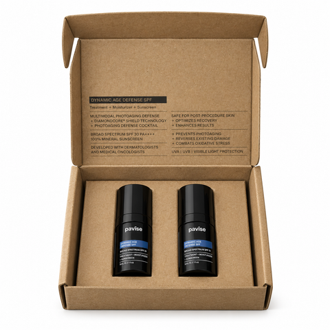 Pavise Dynamic Age Defense Mini 2 x 5ml broad-spectrum SPF 30 mineral sunscreen and moisturizer set with two travel-size bottles in kraft cardboard packaging.