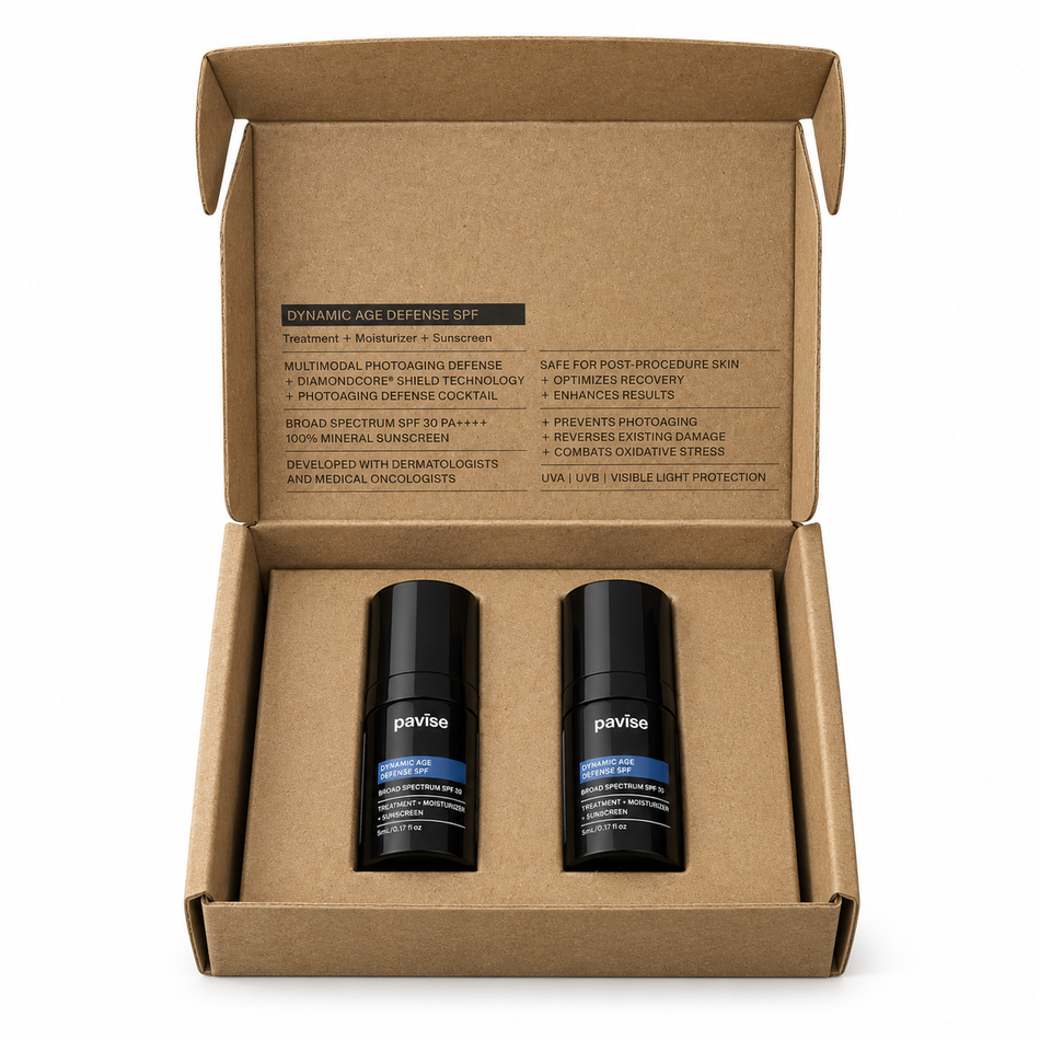 Pavise Dynamic Age Defense Mini 2 x 5ml broad-spectrum SPF 30 mineral sunscreen and moisturizer set with two travel-size bottles in kraft cardboard packaging.