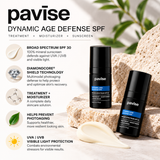 Pavise Dynamic Age Defense Mini 2 x 5ml mineral sunscreen with SPF 30, DiamondCore Shield Technology, moisturizing treatment benefits, and two travel-size bottles displayed in a premium skincare infographic.