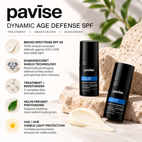 Pavise Dynamic Age Defense Mini 2 x 5ml mineral sunscreen with SPF 30, DiamondCore Shield Technology, moisturizing treatment benefits, and two travel-size bottles displayed in a premium skincare infographic.