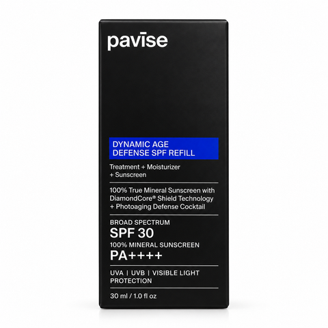 Pavise Dynamic Age Defense SPF 30 Refill 30ml mineral sunscreen in original black packaging, featuring broad-spectrum SPF 30 and PA++++ protection.