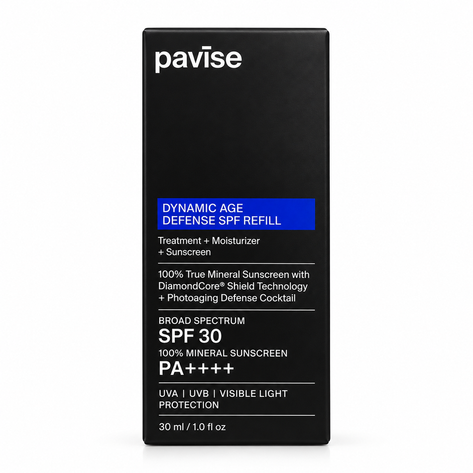 Pavise Dynamic Age Defense SPF 30 Refill 30ml mineral sunscreen in original black packaging, featuring broad-spectrum SPF 30 and PA++++ protection.