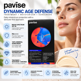 Pavise Dynamic Age Defense SPF 30 mineral sunscreen 30ml featuring broad-spectrum UVA and UVB protection, PA++++, DiamondCore technology, moisturizing skincare benefits, and a model applying sunscreen.