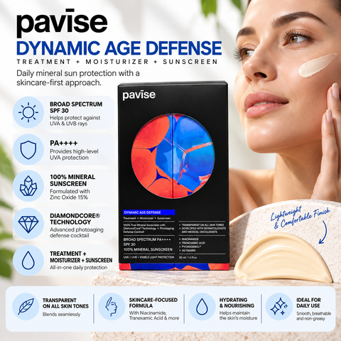Pavise Dynamic Age Defense SPF 30 mineral sunscreen 30ml featuring broad-spectrum UVA and UVB protection, PA++++, DiamondCore technology, moisturizing skincare benefits, and a model applying sunscreen.