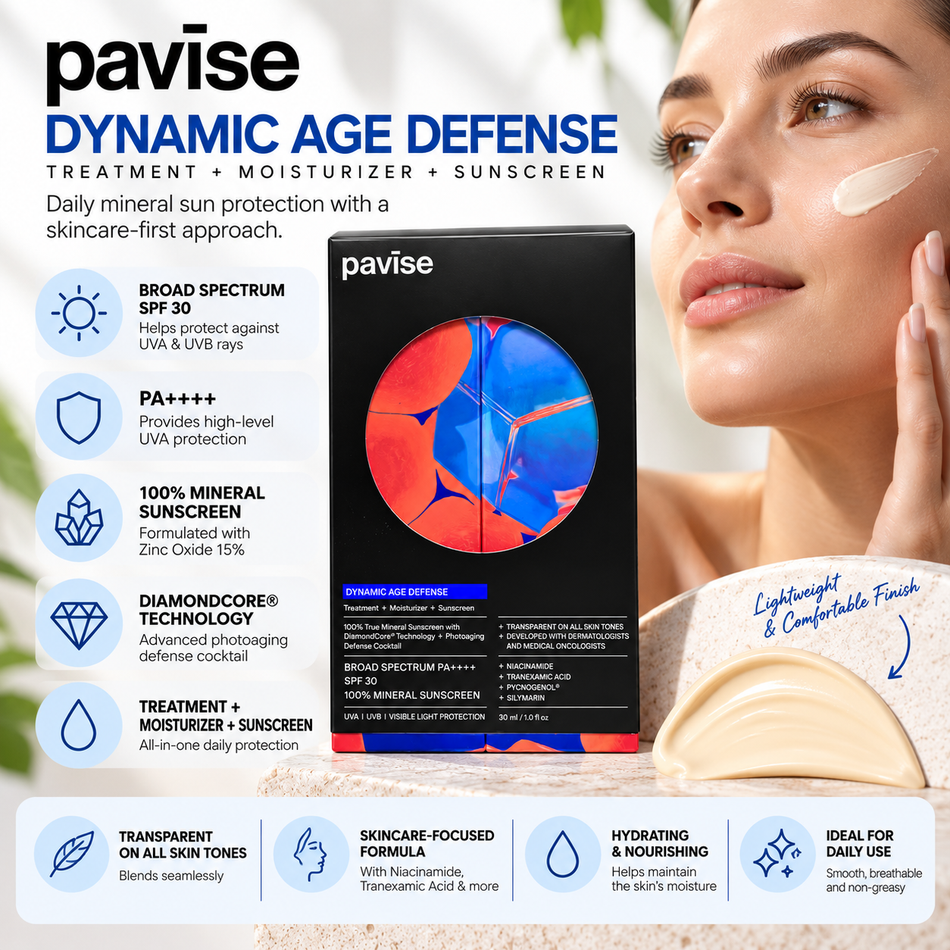Pavise Dynamic Age Defense SPF 30 mineral sunscreen 30ml featuring broad-spectrum UVA and UVB protection, PA++++, DiamondCore technology, moisturizing skincare benefits, and a model applying sunscreen.