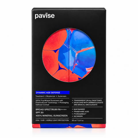 Pavise Dynamic Age Defense SPF 30 mineral sunscreen 30ml in original black packaging with red and blue artwork, featuring broad-spectrum sun protection.