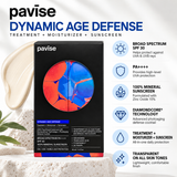 Pavise Dynamic Age Defense SPF 30 mineral sunscreen 30ml infographic highlighting broad-spectrum UVA and UVB protection, PA++++, 15% zinc oxide, DiamondCore technology, and moisturizing skincare benefits.